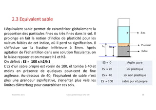 Novembre 2021 Cours géotechnique UTC 104 38
2.3 Equivalent sable
L’équivalent sable permet de caractériser globalement la
proportion des particules ﬁnes ou très ﬁnes dans le sol. Il
prolonge en fait la notion d’indice de plasticité pour les
valeurs faibles de cet indice, où il perd sa signiﬁcation. Il
s’effectue sur la fraction inférieure à 5mm. Après
agitation de l’échantillon dans une solution floculante, on
le laisse reposer et on mesure h1 et h2.
On définit : ES = 100 x h2/h1
L’ES d’un sable propre est voisin de 100, et tombe à 40 et
moins en présence de quelques pour-cent de fine
argileuse. Au-dessous de 40, l’équivalent de sable n’est
plus une grandeur signiﬁcative, s’orienter plus vers les
limites d’Atterberg pour caractériser ces sols.
ES  0 Argile pure
ES  20 sol plastique
ES  40 sol non plastique
ES  100 sable pur et propre
 