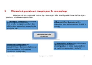Novembre 2021 Cours géotechnique UTC 104 76
5 Eléments à prendre en compte pour le compactage
Pour assurer un compactage optimal il y a lieu de procéder à l’adéquation de ce compactage à
plusieurs facteurs et objectifs fixés:
1) Objectif du compactage (utilisation
de la couche compactée, nature des
sollicitations auxquelles sera sollicitée
la couche…etc)
4) Du matériels à choisir pour réaliser le
dit compactage (il existe plusieurs types
de matériels pouvant être utilisés)
2)Des matériaux à compacter (ces
matériaux sont soigneusement étudié, et
classé)
3) Epaisseur compactée (les
caractéristiques du matériel et nombre
de passe dépend également de
l’épaisseur à compacter)
 