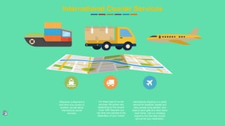 10International Courier Services
Whenever a shipment is
sent from one country to
another, we talk about
international courier
services.
For these type of courier
services, the prices vary
depending on the chosen
route. With Republic you
can ship your parcels to the
destination of your choice.
International shipping is a useful
service for students, expats and
other people living abroad, who
need to send gifts and other items
back home. Use our shipping
engine to find the best courier
service for your destination.
 