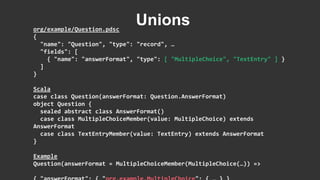 org/example/Question.pdsc
{
"name": "Question", "type": "record", …
"fields": [
{ "name": "answerFormat", "type": [ "MultipleChoice", "TextEntry" ] }
]
}
Scala
case class Question(answerFormat: Question.AnswerFormat)
object Question {
sealed abstract class AnswerFormat()
case class MultipleChoiceMember(value: MultipleChoice) extends
AnswerFormat
case class TextEntryMember(value: TextEntry) extends AnswerFormat
}
Example
Question(answerFormat = MultipleChoiceMember(MultipleChoice(…)) =>
Unions
 