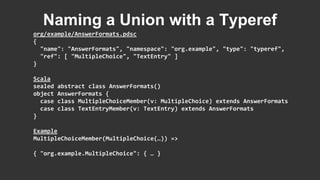 org/example/AnswerFormats.pdsc
{
"name": "AnswerFormats", "namespace": "org.example", "type": "typeref",
"ref": [ "MultipleChoice", "TextEntry" ]
}
Scala
sealed abstract class AnswerFormats()
object AnswerFormats {
case class MultipleChoiceMember(v: MultipleChoice) extends AnswerFormats
case class TextEntryMember(v: TextEntry) extends AnswerFormats
}
Example
MultipleChoiceMember(MultipleChoice(…)) =>
{ "org.example.MultipleChoice": { … }
Naming a Union with a Typeref
 