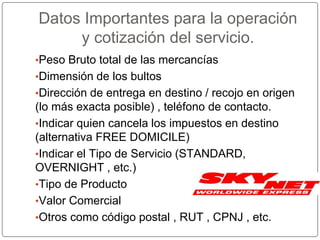 Datos Importantes para la operación
y cotización del servicio.
•Peso Bruto total de las mercancías
•Dimensión de los bultos
•Dirección de entrega en destino / recojo en origen
(lo más exacta posible) , teléfono de contacto.
•Indicar quien cancela los impuestos en destino
(alternativa FREE DOMICILE)
•Indicar el Tipo de Servicio (STANDARD,
OVERNIGHT , etc.)
•Tipo de Producto
•Valor Comercial
•Otros como código postal , RUT , CPNJ , etc.
 