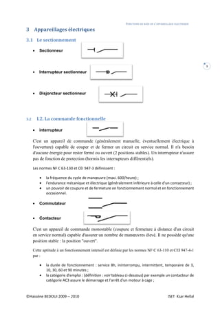 ©Hassène BEDOUI 2009 -- 2010
3 Appareillages électriques
3.1 Le sectionnement
• Sectionneur
• Interrupteur sectionneur
• Disjoncteur sectionneur
3.2 I.2. La commande fonctionnelle
• interrupteur
C'est un appareil de commande (généralement manuelle, éventuellement électrique à
l'ouverture) capable de couper et de fermer un circuit en service normal. Il n'a besoin
d'aucune énergie pour rester
pas de fonction de protection (hormis les interrupteurs différentiels).
Les normes NF C 63-130 et CEI 947
• la fréquence du cycle de
• l'endurance mécanique et électrique (généralement inférieure à celle d'un
• un pouvoir de coupure et de fermeture en fonctionnement normal et en
occasionnel.
• Commutateur
• Contacteur
C'est un appareil de commande monostable (coupure et
en service normal) capable d'assurer un nombre de
position stable : la position "ouvert".
Cette aptitude à un fonctionnement intensif est définie par les normes NF C 63
par :
• la durée de fonctionnement : service 8h, ininterrompu, intermittent,
10, 30, 60 et 90 minutes ;
• la catégorie d'emploi
catégorie AC3 assure le démarrage et
FONCTIONS DE BASE DE L’APPAREILLAGE ELECTRI
Appareillages électriques
Interrupteur sectionneur
sectionneur
La commande fonctionnelle
C'est un appareil de commande (généralement manuelle, éventuellement électrique à
l'ouverture) capable de couper et de fermer un circuit en service normal. Il n'a besoin
d'aucune énergie pour rester fermé ou ouvert (2 positions stables). Un interrupteur n'assure
pas de fonction de protection (hormis les interrupteurs différentiels).
130 et CEI 947-3 définissent :
la fréquence du cycle de manœuvre (maxi. 600/heure) ;
mécanique et électrique (généralement inférieure à celle d'un
un pouvoir de coupure et de fermeture en fonctionnement normal et en
C'est un appareil de commande monostable (coupure et fermeture à distance d'un circuit
en service normal) capable d'assurer un nombre de manœuvres élevé. Il ne possède qu'une
position stable : la position "ouvert".
Cette aptitude à un fonctionnement intensif est définie par les normes NF C 63
la durée de fonctionnement : service 8h, ininterrompu, intermittent,
10, 30, 60 et 90 minutes ;
la catégorie d'emploi : (définition : voir tableau ci-dessous) par exemple un
catégorie AC3 assure le démarrage et l'arrêt d'un moteur à cage ;
APPAREILLAGE ELECTRIQUE
ISET Ksar Hellal
3
C'est un appareil de commande (généralement manuelle, éventuellement électrique à
l'ouverture) capable de couper et de fermer un circuit en service normal. Il n'a besoin
fermé ou ouvert (2 positions stables). Un interrupteur n'assure
mécanique et électrique (généralement inférieure à celle d'un contacteur) ;
un pouvoir de coupure et de fermeture en fonctionnement normal et en fonctionnement
fermeture à distance d'un circuit
élevé. Il ne possède qu'une
Cette aptitude à un fonctionnement intensif est définie par les normes NF C 63-110 et CEI 947-4-1
la durée de fonctionnement : service 8h, ininterrompu, intermittent, temporaire de 3,
dessous) par exemple un contacteur de
 