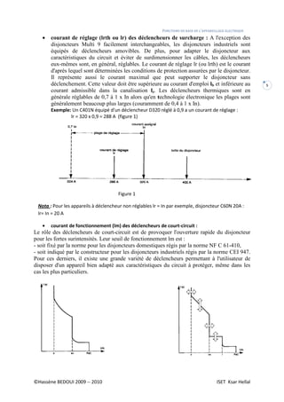 FONCTIONS DE BASE DE L’APPAREILLAGE ELECTRIQUE
©Hassène BEDOUI 2009 -- 2010 ISET Ksar Hellal
5
• courant de réglage (lrth ou lr) des déclencheurs de surcharge : A l'exception des
disjoncteurs Multi 9 facilement interchangeables, les disjoncteurs industriels sont
équipés de déclencheurs amovibles. De plus, pour adapter le disjoncteur aux
caractéristiques du circuit et éviter de surdimensionner les câbles, les déclencheurs
eux-mêmes sont, en général, réglables. Le courant de réglage lr (ou lrth) est le courant
d'après lequel sont déterminées les conditions de protection assurées par le disjoncteur.
Il représente aussi le courant maximal que peut supporter le disjoncteur sans
déclenchement. Cette valeur doit être supérieure au courant d'emploi lb et inférieure au
courant admissible dans la canalisation lz. Les déclencheurs thermiques sont en
générale réglables de 0,7 à 1 x In alors qu'en technologie électronique les plages sont
généralement beaucoup plus larges (couramment de 0,4 à 1 x In).
Exemple: Un C401N équipé d'un déclencheur D320 réglé à 0,9 a un courant de réglage :
lr = 320 x 0,9 = 288 A (figure 1)
Figure 1
Nota : Pour les appareils à déclencheur non réglables lr = In par exemple, disjoncteur C60N 20A :
lr= In = 20 A
• courant de fonctionnement (lm) des déclencheurs de court-circuit :
Le rôle des déclencheurs de court-circuit est de provoquer l'ouverture rapide du disjoncteur
pour les fortes surintensités. Leur seuil de fonctionnement lm est :
- soit fixé par la norme pour les disjoncteurs domestiques régis par la norme NF C 61-410,
- soit indiqué par le constructeur pour les disjoncteurs industriels régis par la norme CEI 947.
Pour ces derniers, il existe une grande variété de déclencheurs permettant à l'utilisateur de
disposer d'un appareil bien adapté aux caractéristiques du circuit à protéger, même dans les
cas les plus particuliers.
 