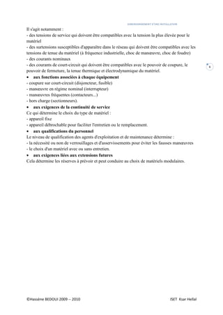 DIMENSIONNEMENT D’UNE INSTALLATION
©Hassène BEDOUI 2009 -- 2010 ISET Ksar Hellal
6
Il s'agit notamment :
- des tensions de service qui doivent être compatibles avec la tension la plus élevée pour le
matériel
- des surtensions susceptibles d'apparaître dans le réseau qui doivent être compatibles avec les
tensions de tenue du matériel (à fréquence industrielle, choc de manœuvre, choc de foudre)
- des courants nominaux
- des courants de court-circuit qui doivent être compatibles avec le pouvoir de coupure, le
pouvoir de fermeture, la tenue thermique et électrodynamique du matériel.
• aux fonctions associées à chaque équipement
- coupure sur court-circuit (disjoncteur, fusible)
- manœuvre en régime nominal (interrupteur)
- manœuvres fréquentes (contacteurs...)
- hors charge (sectionneurs).
• aux exigences de la continuité de service
Ce qui détermine le choix du type de matériel :
- appareil fixe
- appareil débrochable pour faciliter l'entretien ou le remplacement.
• aux qualifications du personnel
Le niveau de qualification des agents d'exploitation et de maintenance détermine :
- la nécessité ou non de verrouillages et d'asservissements pour éviter les fausses manœuvres
- le choix d'un matériel avec ou sans entretien.
• aux exigences liées aux extensions futures
Cela détermine les réserves à prévoir et peut conduire au choix de matériels modulaires.
 