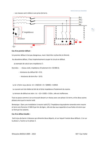 PROTECTIONS DES PERSONNES
©Hassène BEDOUI 2009 -- 2010 ISET Ksar Hellal
9
- Les masses sont reliées à une prise de terre.
Cas d’un premier défaut :
Un premier défaut n’est pas dangereux, mais il doit être recherché et éliminé.
Au deuxième défaut, il faut impérativement couper le circuit en défaut.
a) exemple de calcul sans impédance Z :
Données : - réseau isolé, impédance d’isolement Zn= 50 000 Ω;
- résistance du défaut Rd = 0 Ω;
- résistance de terre Ra = 10 Ω.
La loi d’ohm nous donne Id = 230/(10 + 0 + 50000) = 0.005A
Le courant est très faible du fait de la forte impédance d’isolement du neutre.
La tension de défaut est alors Uc = 10 × 0.005 = 0.05v ; elle est inoffensive.
Tout se passe comme si on se trouvait devant un réseau avec une phase à la terre, et les deux autres
phases ainsi que le neutre isolé.
Remarque : Dans une installation à neutre isolé (IT), l’impédance équivalente ramenée entre neutre
et terre est d’environ 3 500 Ω par km de ligne ; elle est due aux capacités et aux fuites à la terre qui
se font par les isolants.
Cas d’un défaut double :
Soit le jeu de barre ci dessous qui alimente deux départs, et sur lequel il existe deux défauts. L’un sur
la phase 1, l’autre sur la phase 3.
 