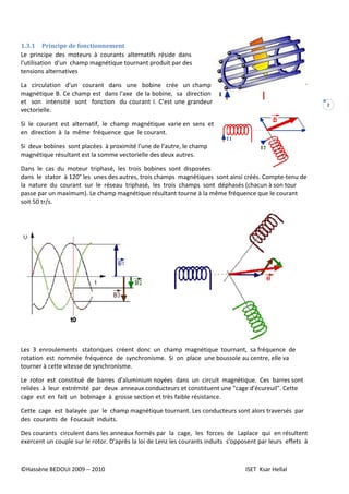 MACHINES ELECTRIQUES
©Hassène BEDOUI 2009 -- 2010 ISET Ksar Hellal
2
1.3.1 Principe de fonctionnement
Le principe des moteurs à courants alternatifs réside dans
l‘utilisation d‘un champ magnétique tournant produit par des
tensions alternatives
La circulation d'un courant dans une bobine crée un champ
magnétique B. Ce champ est dans l'axe de la bobine, sa direction
et son intensité sont fonction du courant I. C'est une grandeur
vectorielle.
Si le courant est alternatif, le champ magnétique varie en sens et
en direction à la même fréquence que le courant.
Si deux bobines sont placées à proximité l'une de l'autre, le champ
magnétique résultant est la somme vectorielle des deux autres.
Dans le cas du moteur triphasé, les trois bobines sont disposées
dans le stator à 120° les unes des autres, trois champs magnétiques sont ainsi créés. Compte-tenu de
la nature du courant sur le réseau triphasé, les trois champs sont déphasés (chacun à son tour
passe par un maximum). Le champ magnétique résultant tourne à la même fréquence que le courant
soit 50 tr/s.
Les 3 enroulements statoriques créent donc un champ magnétique tournant, sa fréquence de
rotation est nommée fréquence de synchronisme. Si on place une boussole au centre, elle va
tourner à cette vitesse de synchronisme.
Le rotor est constitué de barres d'aluminium noyées dans un circuit magnétique. Ces barres sont
reliées à leur extrémité par deux anneaux conducteurs et constituent une "cage d'écureuil". Cette
cage est en fait un bobinage à grosse section et très faible résistance.
Cette cage est balayée par le champ magnétique tournant. Les conducteurs sont alors traversés par
des courants de Foucault induits.
Des courants circulent dans les anneaux formés par la cage, les forces de Laplace qui en résultent
exercent un couple sur le rotor. D'après la loi de Lenz les courants induits s'opposent par leurs effets à
 