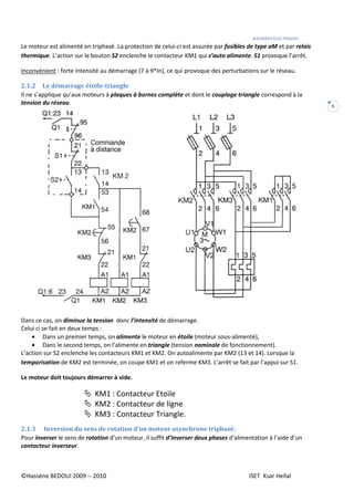 MACHINES ELECTRIQUES
©Hassène BEDOUI 2009 -- 2010 ISET Ksar Hellal
5
Le moteur est alimenté en triphasé. La protection de celui-ci est assurée par fusibles de type aM et par relais
thermique. L’action sur le bouton S2 enclenche le contacteur KM1 qui s’auto alimente. S1 provoque l’arrêt.
Inconvénient : forte intensité au démarrage (7 à 9*In), ce qui provoque des perturbations sur le réseau.
2.1.2 Le démarrage étoile-triangle
Il ne s’applique qu’aux moteurs à plaques à bornes complète et dont le couplage triangle correspond à la
tension du réseau.
Dans ce cas, on diminue la tension donc l’intensité de démarrage.
Celui ci se fait en deux temps :
• Dans un premier temps, on alimente le moteur en étoile (moteur sous-alimenté),
• Dans le second temps, on l’alimente en triangle (tension nominale de fonctionnement).
L’action sur S2 enclenche les contacteurs KM1 et KM2. On autoalimente par KM2 (13 et 14). Lorsque la
temporisation de KM2 est terminée, on coupe KM1 et on referme KM3. L’arrêt se fait par l’appui sur S1.
Le moteur doit toujours démarrer à vide.
KM1 : Contacteur Etoile
KM2 : Contacteur de ligne
KM3 : Contacteur Triangle.
2.1.3 Inversion du sens de rotation d’un moteur asynchrone triphasé.
Pour inverser le sens de rotation d’un moteur, il suffit d’inverser deux phases d’alimentation à l’aide d’un
contacteur inverseur.
 