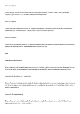 Auricular Anterior 
Origem: Porção anterior da fáscia na zona temporal Inserção: Saliência na frente da hélix Inervação: Ramos 
temporais Ação: Traciona o pavilhão da orelha para frente e para cima 
Auricular Superior 
Origem: Fáscia da zona temporal Inserção: Tendão plano na parte superior da superfície craniana do pavilhão da 
orelha Inervação: Ramos temporais Ação: Traciona o pavilhão da orelha para cima 
Auricular Posterior 
Origem: Processo mastóide Inserção: Parte mais inferior da superfície craniana da concha Inervação: Ramo auricular 
posterior do nervo facial Ação: Traciona o pavilhão da orelha para trás 
Boca 
Levantador do lábio Superior 
Origem: Margem inferior da órbita acima do forame infra-orbital, maxila e zigomático Inserção: Lábio superior e asa 
do nariz Inervação: Ramos bucais do nervo facial Ação: Levanta o lábio superior e leva-o um pouco para frente 
Levantador do lábio Superior e Asa do Nariz 
Origem: Processo frontal da maxila Inserção: Se divide em dois fascículos. Um se insere na cartilagem alar maior e na 
pele do nariz e o outro se prolonga no lábio superior Inervação: Ramos bucais do nervo facial Ação: Dilata a narina e 
levanta o lábio superior 
Levantador do ângulo da boca 
Origem: Fossa canina (maxila) Inserção: Ângulo da boca Inervação: Ramos bucais do nervo facial Ação: Elev a o 
ângulo da boca e acentua o sulco nasolabial 
 