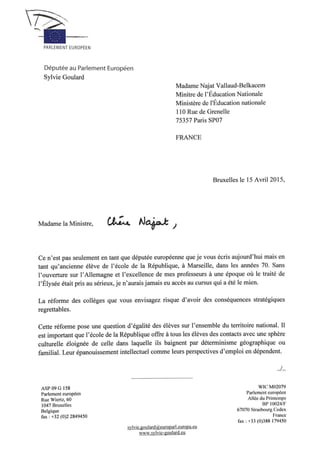 Lettre de Sylvie Goulard à Mme Najat Vellaud-Belkacem