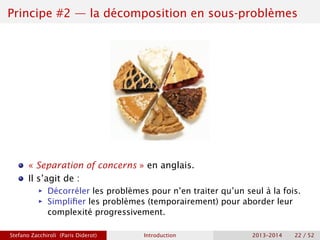 Principe #2 — la décomposition en sous-problèmes
« Separation of concerns » en anglais.
Il s’agit de :
ñ Décorréler les problèmes pour n’en traiter qu’un seul à la fois.
ñ Simplifier les problèmes (temporairement) pour aborder leur
complexité progressivement.
Stefano Zacchiroli (Paris Diderot) Introduction 2013–2014 22 / 52
 