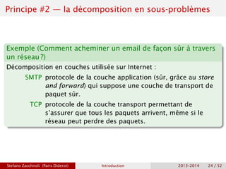 Principe #2 — la décomposition en sous-problèmes
Exemple (Comment acheminer un email de façon sûr à travers
un réseau ?)
Décomposition en couches utilisée sur Internet :
SMTP protocole de la couche application (sûr, grâce au store
and forward) qui suppose une couche de transport de
paquet sûr.
TCP protocole de la couche transport permettant de
s’assurer que tous les paquets arrivent, même si le
réseau peut perdre des paquets.
Stefano Zacchiroli (Paris Diderot) Introduction 2013–2014 24 / 52
 