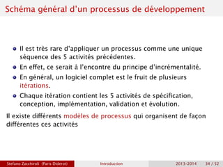 Schéma général d’un processus de développement
Il est très rare d’appliquer un processus comme une unique
séquence des 5 activités précédentes.
En effet, ce serait à l’encontre du principe d’incrémentalité.
En général, un logiciel complet est le fruit de plusieurs
itérations.
Chaque itération contient les 5 activités de spécification,
conception, implémentation, validation et évolution.
Il existe différents modèles de processus qui organisent de façon
différentes ces activités
Stefano Zacchiroli (Paris Diderot) Introduction 2013–2014 34 / 52
 