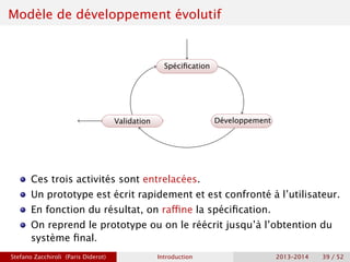Modèle de développement évolutif
Spécification
Développement
Validation
Ces trois activités sont entrelacées.
Un prototype est écrit rapidement et est confronté à l’utilisateur.
En fonction du résultat, on raffine la spécification.
On reprend le prototype ou on le réécrit jusqu’à l’obtention du
système final.
Stefano Zacchiroli (Paris Diderot) Introduction 2013–2014 39 / 52
 