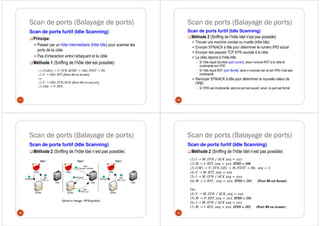 Scan de ports (Balayage de ports)
Scan de ports furtif (Idle Scanning)
Principe:
Passer par un hôte intermédiaire (hôte Idle) pour scanner les
ports de la cible
Pas d’interaction entre l’attaquant et la cible
Méthode 1 (Sniffing de l’hôte Idel est possible)
37
(1) ' → : , @ = ' , ! = 80
(2) → ' : !,(Port 80 est fermé)
ou
(2) → ' : /% & (Port 80 est ouvert)
(3) ' → : !,
Scan de ports (Balayage de ports)
Scan de ports furtif (Idle Scanning)
Méthode 2 (Sniffing de l’hôte Idel n’est pas possible)
Trouver une machine zombie ou muette (hôte Idle)
Envoyer SYN/ACK à Idle pour déterminer le numéro IPID actuel
Envoyer des paquets TCP SYN usurpés à la cible
La cible répond à l’hôte Idle:
Si l’Idle reçoit Syn/Ack (port ouvert), alors il envoie RST à la cible et
incrémente son IPID
Si l’Idle reçoit RST (port fermé), alors il n’envoie rien et son IPID n’est pas
incrémenté
Renvoyer SYN/ACK à Idle pour déterminer la nouvelle valeur de
l’IPID
Si l’IPID est incrémenté, alors le port est ouvert, sinon, le port est fermé
38
Scan de ports (Balayage de ports)
Scan de ports furtif (Idle Scanning)
Méthode 2 (Sniffing de l’hôte Idel n’est pas possible)
39
(Source Image :Wikipedia)
Scan de ports (Balayage de ports)
Scan de ports furtif (Idle Scanning)
Méthode 2 (Sniffing de l’hôte Idel n’est pas possible)
40
(1) → : ⁄ % & = ,,,
(2) → : !, = ,,,, IPID = 200
(3) - . → : , = , ! = 80, = 1
(4) → : !, = ,,,
(5) → : ⁄ % & = ,,,
(6) → : !, = ,,,, IPID = 201 (Port 80 est fermé)
Ou :
(4) → : ⁄ % &, = ,,,
(5) → : !, = ,,,, IPID = 201
(6) → : ⁄ % & = ,,,
(7) → : !, = ,,,, IPID = 202 (Port 80 en écoute)
 