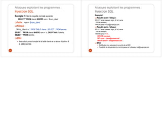 Attaques exploitant les programmes :
Injection SQL
Exemple 2 : Soit la requête normale suivante:
SELECT * FROM clients WHERE nom = ‘$nom_client ’
Faille : nom = ‘$nom_client ’
Attaque :
Nom_client= x’ ; DROP TABLE clients ; SELECT * FROM secrets
SELECT * FROM clients WHERE nom = ’x’; DROP TABLE clients;
SELECT * FROM secrets ;
Effet:
destruction pure et simple de la table clients et un accès imprévu à
la table secrets
93
Attaques exploitant les programmes :
Injection SQL
Exemple 3
Requête avant l’attaque :
SELECT email, passwd, login_id, full_name
FROM members
WHERE email = 'bob@example.com';
Requête après l’attaque :
SELECT email, passwd, login_id, full_name
FROM members
WHERE email = ‘X';
UPDATE members
SET email = 'steve@unixwiz.net'
WHERE email = 'bob@example.com ';
Effet:
Modification non autorisée d’une entré de la BDD
Possibilité de récupération du mot de passe de l’utilisateur bob@example.com
94
 