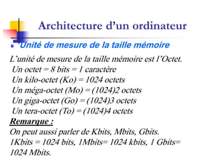 Architecture d’un ordinateur
Unité de mesure de la taille mémoire
L’unité de mesure de la taille mémoire est l’Octet.
Un octet = 8 bits = 1 caractère
Un kilo-octet (Ko) = 1024 octets
Un méga-octet (Mo) = (1024)2 octets
Un giga-octet (Go) = (1024)3 octets
Un tera-octet (To) = (1024)4 octets
Remarque :
On peut aussi parler de Kbits, Mbits, Gbits.
1Kbits = 1024 bits, 1Mbits= 1024 kbits, 1 Gbits=
1024 Mbits.
 