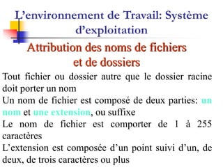Attribution des noms de fichiers
et de dossiers
Tout fichier ou dossier autre que le dossier racine
doit porter un nom
Un nom de fichier est composé de deux parties: un
nom et une extension, ou suffixe
Le nom de fichier est comporter de 1 à 255
caractères
L’extension est composée d’un point suivi d’un, de
deux, de trois caractères ou plus
L’environnement de Travail: Système
d’exploitation
 