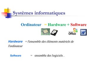 Systèmes informatiques
Ordinateur = Hardware + Software
Hardware = l'ensemble des éléments matériels de
l'ordinateur
Software = ensemble des logiciels .
 