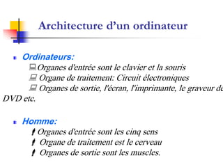 Architecture d’un ordinateur

   Ordinateurs:
      Organes d'entrée sont le clavier et la souris
      Organe de traitement: Circuit électroniques
      Organes de sortie, l'écran, l'imprimante, le graveur de
DVD etc.

     Homme:
      Organes d'entrée sont les cinq sens
       Organe de traitement est le cerveau
       Organes de sortie sont les muscles.
 
