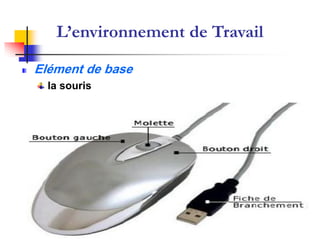 L’environnement de Travail

Elément de base
  la souris            Système d’Exploitation

                            ‫نظام التشغيل‬
 