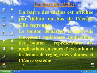 La barre des tâches
 Système d’exploitation
La barre des tâches est affichée
par défaut en bas de l’écran.
Elle regroupe:
Le bouton démarrer, la barre de
lancement rapide des applications,
des bouton        représentants des
applications en cours d’exécution et
les icônes de réglage des volumes et
l’heure système
 