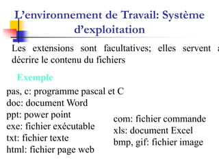 L’environnement de Travail: Système
            d’exploitation
 Les extensions sont facultatives; elles servent à
 décrire le contenu du fichiers
   Exemple
pas, c: programme pascal et C
doc: document Word
ppt: power point          com: fichier commande
exe: fichier exécutable   xls: document Excel
txt: fichier texte        bmp, gif: fichier image
html: fichier page web
 