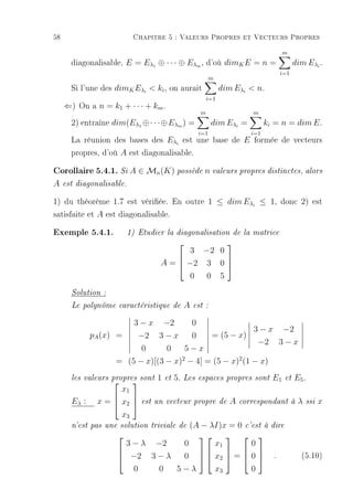 58                          Chapitre 5 : Valeurs Propres et Vecteurs Propres

                                                                                           m
       diagonalisable, E = Eλ1 ⊕ · · · ⊕ Eλm , d'où dimK E = n =                                dim Eλi .
                                                                                        i=1
                                                                m
       Si l'une des dimK Eλi  ki , on aurait                       dim Eλi  n.
                                                              i=1
     ⇐) On a n = k1 + · · · + km .
                                                          m                   m
       2) entraîne dim(Eλ1 ⊕· · ·⊕Eλm ) =                       dim Eλi =           ki = n = dim E.
                                                          i=1                 i=1
       La réunion des bases des Eλi est une base de E formée de vecteurs
       propres, d'où A est diagonalisable.
Corollaire 5.4.1. Si A ∈ Mn(K) possède n valeurs propres distinctes, alors
A    est diagonalisable.


1) du théorème 1.7 est vériée. En outre 1 ≤ dim Eλi ≤ 1, donc 2) est
satisfaite et A est diagonalisable.
Exemple 5.4.1.             1) Etudier la diagonalisation de la matrice
                                                                     
                                                      3    −2 0
                                     A =  −2                 3     0
                                                                     

                                            0                 0     5
       Solution :

       Le polynôme caractéristique de             A   est :


                             3 − x −2                 0
                                                                              3 − x −2
              pA (x) =        −2 3 − x                0           = (5 − x)
                                                                               −2 3 − x
                          0      0    5−x
                    = (5 − x)[(3 − x)2 − 4] = (5 − x)2 (1 − x)
       les valeurs propres sont
                                  1   et   5.   Les espaces propres sont            E1   et   E5 .
                     x1
       Eλ :    x =  x2        est un vecteur propre de              A   correspondant à        λ   ssi   x
                       

                     x3
                                   (A − λI)x = 0 c'est à dire
       n'est pas une solution triviale de
                                           
                       3 − λ −2  0       x1        0
                      −2 3 − λ
                     
                                 0   x2  =  0  .
                                            
                                                                                                  (5.10)
                         0    0 5−λ      x3        0
 