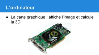 L’ordinateur
● La carte graphique : affiche l’image et calcule
la 3D
 