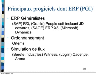 106
Principaux progiciels dont ERP (PGI)
• ERP Généralistes
(SAP) R/3, (Oracle) People soft incluant JD
edwards, (SAGE) ERP X3, (Microsoft)
Dynamics
• Ordonnancement
Ortems
• Simulation de flux
(Serete Industries) Witness, (Log'in) Cadence,
Arena
jeudi 14 avril 2011
 