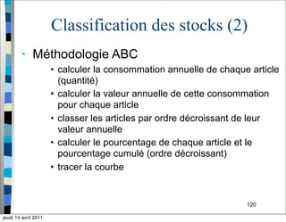 120
Classification des stocks (2)
• Méthodologie ABC
• calculer la consommation annuelle de chaque article
(quantité)
• calculer la valeur annuelle de cette consommation
pour chaque article
• classer les articles par ordre décroissant de leur
valeur annuelle
• calculer le pourcentage de chaque article et le
pourcentage cumulé (ordre décroissant)
• tracer la courbe
jeudi 14 avril 2011
 