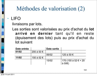 151
Méthodes de valorisation (2)
• LIFO
livraisons par lots.
Les sorties sont valorisées au prix d'achat du lot
arrivé en dernier tant qu'il en reste
(épuisement des lots) puis au prix d'achat du
lot suivant
jeudi 14 avril 2011
 