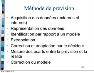 159
Méthode de prévision
• Acquisition des données (externes et
internes)
• Représentation des données
• Identification par rapport à un modèle
• Extrapolation
• Correction et adaptation par le décideur
• Mesure des écarts entre la prévision et la
réalité
• Correction du modèle
jeudi 14 avril 2011
 