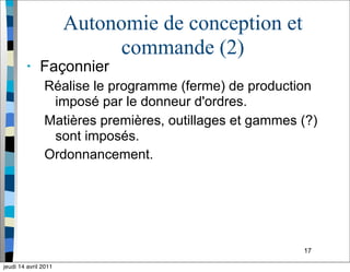 17
Autonomie de conception et
commande (2)
• Façonnier
Réalise le programme (ferme) de production
imposé par le donneur d'ordres.
Matières premières, outillages et gammes (?)
sont imposés.
Ordonnancement.
jeudi 14 avril 2011
 