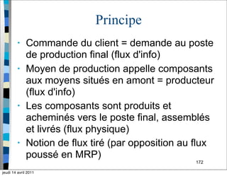 172
Principe
• Commande du client = demande au poste
de production final (flux d'info)
• Moyen de production appelle composants
aux moyens situés en amont = producteur
(flux d'info)
• Les composants sont produits et
acheminés vers le poste final, assemblés
et livrés (flux physique)
• Notion de flux tiré (par opposition au flux
poussé en MRP)
jeudi 14 avril 2011
 