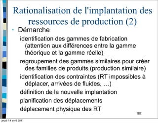 187
Rationalisation de l'implantation des
ressources de production (2)
• Démarche
identification des gammes de fabrication
(attention aux différences entre la gamme
théorique et la gamme réelle)
regroupement des gammes similaires pour créer
des familles de produits (production similaire)
identification des contraintes (RT impossibles à
déplacer, arrivées de fluides, …)
définition de la nouvelle implantation
planification des déplacements
déplacement physique des RT
jeudi 14 avril 2011
 
