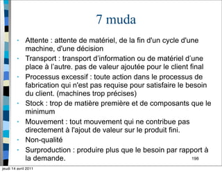7 muda
• Attente : attente de matériel, de la fin d'un cycle d'une
machine, d'une décision
• Transport : transport d’information ou de matériel d’une
place à l’autre. pas de valeur ajoutée pour le client final
• Processus excessif : toute action dans le processus de
fabrication qui n'est pas requise pour satisfaire le besoin
du client. (machines trop précises)
• Stock : trop de matière première et de composants que le
minimum
• Mouvement : tout mouvement qui ne contribue pas
directement à l'ajout de valeur sur le produit fini.
• Non-qualité
• Surproduction : produire plus que le besoin par rapport à
la demande. 198
jeudi 14 avril 2011
 