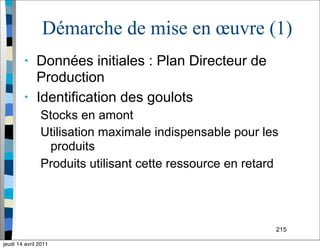 215
Démarche de mise en œuvre (1)
• Données initiales : Plan Directeur de
Production
• Identification des goulots
Stocks en amont
Utilisation maximale indispensable pour les
produits
Produits utilisant cette ressource en retard
jeudi 14 avril 2011
 