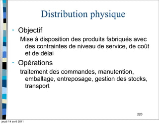 220
Distribution physique
• Objectif
Mise à disposition des produits fabriqués avec
des contraintes de niveau de service, de coût
et de délai
• Opérations
traitement des commandes, manutention,
emballage, entreposage, gestion des stocks,
transport
jeudi 14 avril 2011
 