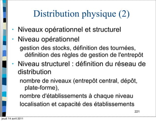 221
Distribution physique (2)
• Niveaux opérationnel et structurel
• Niveau opérationnel
gestion des stocks, définition des tournées,
définition des règles de gestion de l'entrepôt
• Niveau structurel : définition du réseau de
distribution
nombre de niveaux (entrepôt central, dépôt,
plate-forme),
nombre d'établissements à chaque niveau
localisation et capacité des établissements
jeudi 14 avril 2011
 