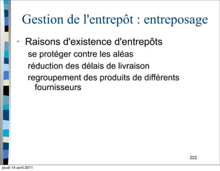 222
Gestion de l'entrepôt : entreposage
• Raisons d'existence d'entrepôts
se protéger contre les aléas
réduction des délais de livraison
regroupement des produits de différents
fournisseurs
jeudi 14 avril 2011
 