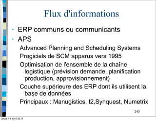 240
Flux d'informations
• ERP communs ou communicants
• APS
Advanced Planning and Scheduling Systems
Progiciels de SCM apparus vers 1995
Optimisation de l'ensemble de la chaîne
logistique (prévision demande, planification
production, approvisionnement)
Couche supérieure des ERP dont ils utilisent la
base de données
Principaux : Manugistics, I2,Synquest, Numetrix
jeudi 14 avril 2011
 