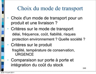 249
Choix du mode de transport
• Choix d'un mode de transport pour un
produit et une livraison ?
• Critères sur le mode de transport
délai, fréquence, coût, fiabilité, risques
protection environnement ? Quelle société ?
• Critères sur le produit
fragilité, température de conservation,
URGENCE
• Comparaison sur porte à porte et
intégration du coût du stock
jeudi 14 avril 2011
 