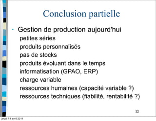 32
Conclusion partielle
• Gestion de production aujourd'hui
petites séries
produits personnalisés
pas de stocks
produits évoluant dans le temps
informatisation (GPAO, ERP)
charge variable
ressources humaines (capacité variable ?)
ressources techniques (fiabilité, rentabilité ?)
jeudi 14 avril 2011
 