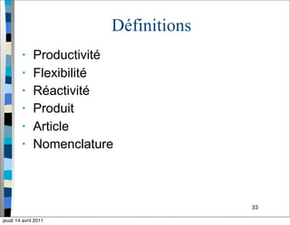 33
Définitions
• Productivité
• Flexibilité
• Réactivité
• Produit
• Article
• Nomenclature
jeudi 14 avril 2011
 