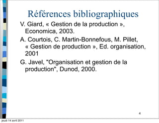 4
Références bibliographiques
V. Giard, « Gestion de la production »,
Economica, 2003.
A. Courtois, C. Martin-Bonnefous, M. Pillet,
« Gestion de production », Ed. organisation,
2001
G. Javel, "Organisation et gestion de la
production", Dunod, 2000.
jeudi 14 avril 2011
 