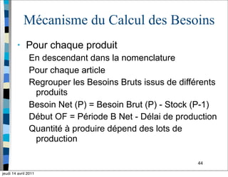 44
Mécanisme du Calcul des Besoins
• Pour chaque produit
En descendant dans la nomenclature
Pour chaque article
Regrouper les Besoins Bruts issus de différents
produits
Besoin Net (P) = Besoin Brut (P) - Stock (P-1)
Début OF = Période B Net - Délai de production
Quantité à produire dépend des lots de
production
jeudi 14 avril 2011
 