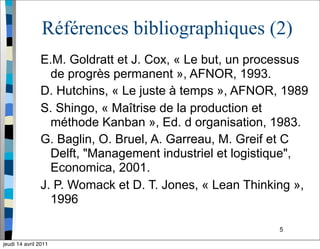 5
Références bibliographiques (2)
E.M. Goldratt et J. Cox, « Le but, un processus
de progrès permanent », AFNOR, 1993.
D. Hutchins, « Le juste à temps », AFNOR, 1989
S. Shingo, « Maîtrise de la production et
méthode Kanban », Ed. d organisation, 1983.
G. Baglin, O. Bruel, A. Garreau, M. Greif et C
Delft, "Management industriel et logistique",
Economica, 2001.
J. P. Womack et D. T. Jones, « Lean Thinking »,
1996
jeudi 14 avril 2011
 