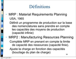 56
Définitions
• MRP : Material Requirements Planning
USA, 1965
Définit un programme de production sur la base
des nomenclatures sans prendre en compte
les capacités des moyens de production
(capacité infinie)
• MRP2 : Manufacturing Resources Planning
Complète MRP en prenant en compte la limite
de capacité des ressources (capacité finie).
Ajuste la charge en fonction des capacités
(bouclage du plan de charge)
jeudi 14 avril 2011
 