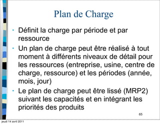 65
Plan de Charge
• Définit la charge par période et par
ressource
• Un plan de charge peut être réalisé à tout
moment à différents niveaux de détail pour
les ressources (entreprise, usine, centre de
charge, ressource) et les périodes (année,
mois, jour)
• Le plan de charge peut être lissé (MRP2)
suivant les capacités et en intégrant les
priorités des produits
jeudi 14 avril 2011
 